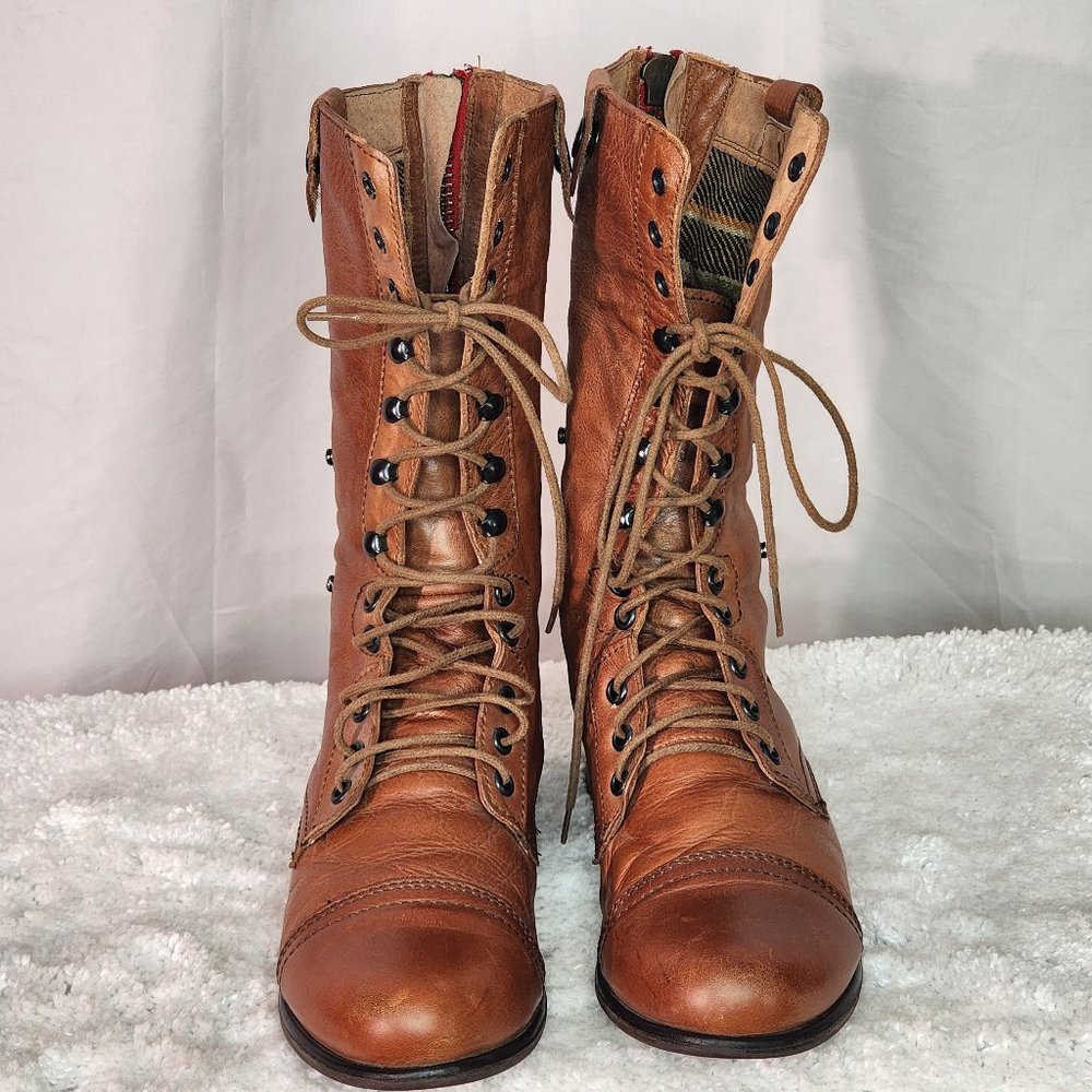 Steve Madden Leather Womens Troopa Combat Boots, Brown, Lace-Up Size 10 Plaid